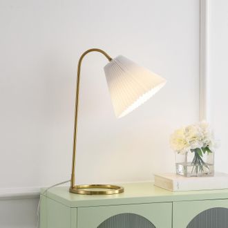 Jonathan Y Designs Callie 22 Modern Glam Metal Arc Adjustable Head LED Table Lamp with Pleated Shade, Brass Gold/White