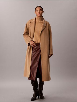 Calvin Klein Womens Double Faced Wool Blend Wrap Coat - Brown - XL