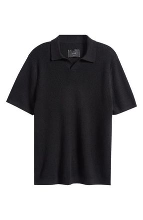 Reigning Champ Victor Johnny Collar Cotton & Linen Mesh Stitch Polo Sweater in Black at Nordstrom, Size Xx-Large