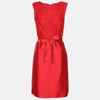Carolina Herrera Red Floral Lace & Crepe Sleeveless Short Dress