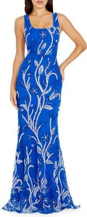 Dress The Population Tyra Beaded Floral Chiffon Mermaid Gown in Electric Blue Multi at Nordstrom Rack, Size X-Small