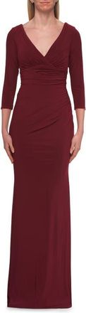 La Femme V-Neck Ruched Gown with Three-Quarter Sleeves in Wine at Nordstrom, Size 18