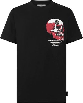 Philipp Plein Tops, Heren, Zwart, S, Katoen, Roundneck T-Shirt Puffy Red Skull