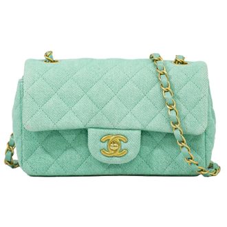 Chanel Classic Single Flap Top Handle Quilted Tweed With Sequins Green Denim_Jeans Handbag (Pre-Owned)
