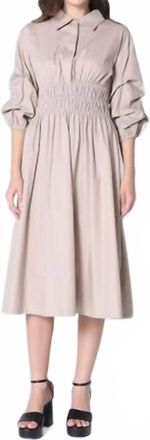 Gracia Ruched Puff Sleeve A Line Midi Dress In Taupe