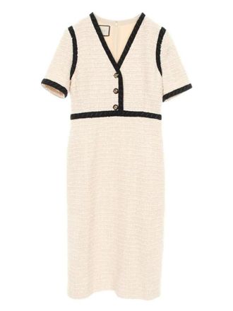 Gucci 2010s Interlocking G buttons tweed midi dress - women - Cotton/Polyamide/Viscose - 38 - Neutrals