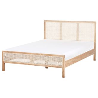 Beliani Cama Con Somier Moderna Cabecero Con Trenza Vienesa Madera De Pino Marr&oacute;n Claro 140 X 200 Cm Salernas
