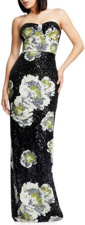 Dress The Population Vada Floral Sequin Strapless Gown in Black Multi at Nordstrom, Size Xx-Large