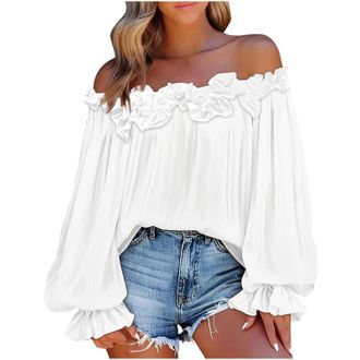 Generic Off The Shoulder Tops Women Plus Size Elegant Blouses Ruffle Trim Boat Neck Tunic Shirts Elastic Cuffs Puff Long Sleeve Dressy Tops Going Out Party We