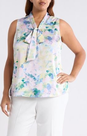 Tahari by ASL Abstract Floral Tie Neck Sleeveless Satin Top in Blush Buttercup at Nordstrom, Size 1 X