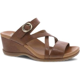 Dansko Womens Ana Glazed Kid Leather Wedge Sandal In Tan