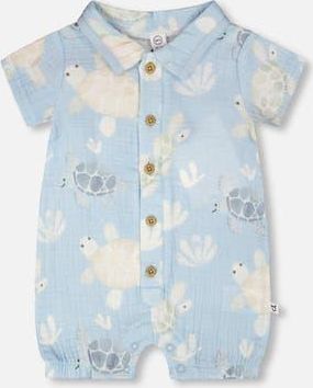 Deux par Deux Muslin Turtle Print Romper in Blue Turtle Print at Nordstrom, Size 12M