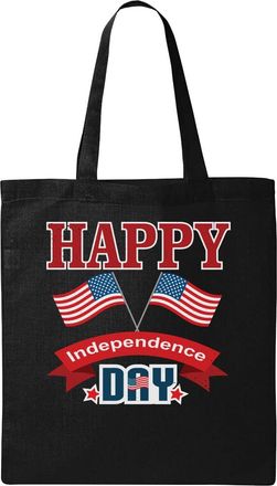 Generic Happy Independence Day Two USA Flags Natural Ecological Cotton Tote Bag Black