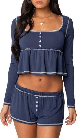 Edikted Arianne Long Sleeve Babydoll Top in Navy at Nordstrom, Size X-Large