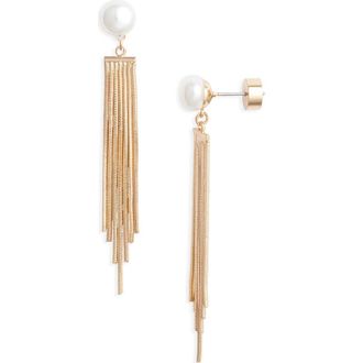 Nordstrom Chain Fringe Faux Pearl Drop Earrings in White- Gold at Nordstrom Rack