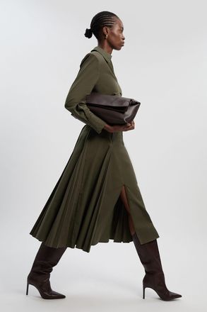 Karen Millen Womens Pleated Detail Cotton Long Sleeve Woven Midi Dress - Green - Size 10 UK