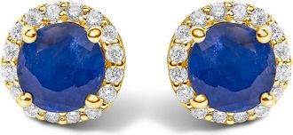 House of Brilliance 10K Yellow Gold Blue Sapphire and 1/6 Cttw Diamond Halo Stud Earring
