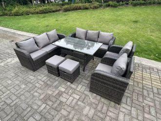 Fimous 10 Seater Rattan Garden Furniture Set Reclining Chair Lounge 3 Seater Sofa Set Rectangular Dining Table Stools in Dark Grey