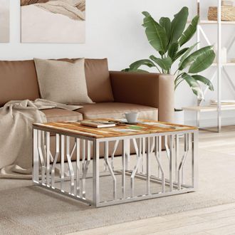 vidaXL Mesa De Centro Acero Inoxidable Y Madera Reciclada Plateada Vidaxl