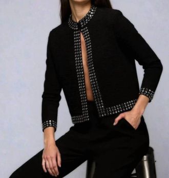 Minnie Rose Three Quarter Sleeve Jacket With Rhinestone Trim In Black