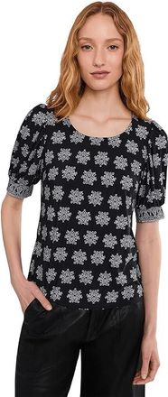 CeCe by Cynthia Steffe Elbow Sleeve Shirred Crew Neck Knit Top Womens Clothing Rich Black : 2XL, Polyester/Spandex