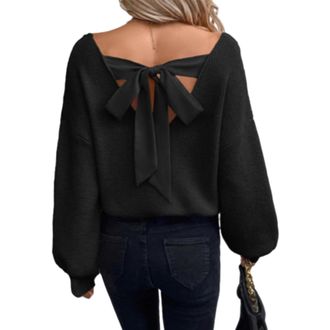 Generic Womens Sexy Off Bow Back Pullover Sweater, Casual V Neck Long Sleeve Loose Fit Tops (UK, Alpha, XL, Regular, Regular, Black)