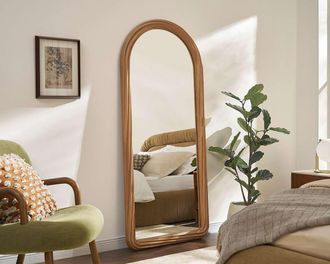 Castlery Serra PU Floor Mirror, W31.5 x H70.9, Dark Color, Arc ; Orb Frame, Wood Grain Finish by Castlery, Brown