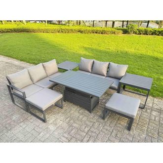 Fimous Aluminum 7-Piece Sofa Set with Lifting Table, 2 Side Tables, Cushions in Dark Grey