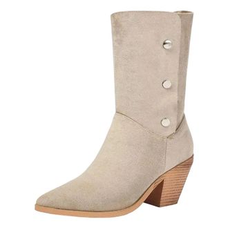 Generic Womens Mid Calf Boots Pointed Toe High Chunky Heel With Button Detail And A Convertible Fold Over Cuff