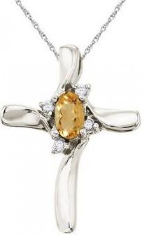 Allurez Oval Citrine & Diamond Cross Necklace Pendant 14k White Gold (0.50ct)