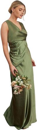Six Stories Plunge Drape Satin Bridesmaid Dress in Moss Green at Nordstrom, Size 14