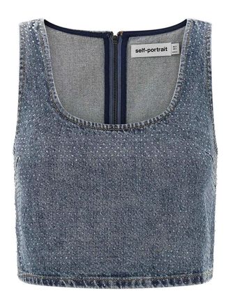 Self Portrait Rhinestone Denim Crop Top