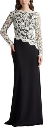 Tadashi Shoji Lace Scroll Crepe Gown in Black/Ivory at Nordstrom, Size 16