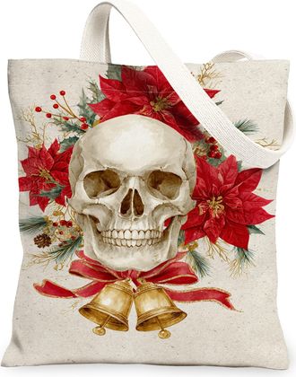Generic Christmas Skull Canvas Tote Bags, Floral Design Reusable Bags, Vintage Lightweight Washable Shoulder Strap Tote for Travel, Beige, 13x15 Inch