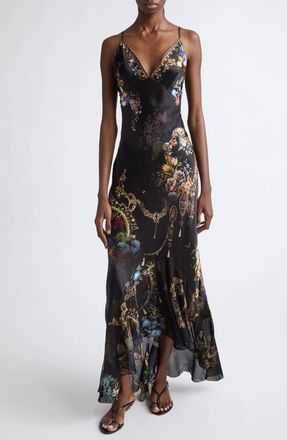 Camilla V-Neck Flounce Hem Slip Dress in Night Garden at Nordstrom, Size X-Small