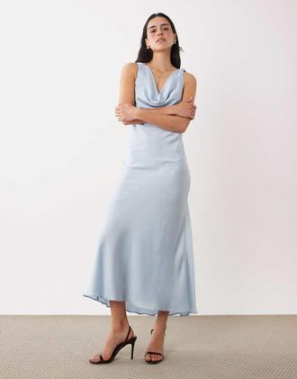 New Look Vestito midi in raso con scollo ad anello azzurro-Blu