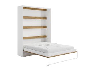 Vente-Unique Cama abatible 160 x 200 cm - Apertura vertical manual - Con LEDs - blanco y natural - RAPILI