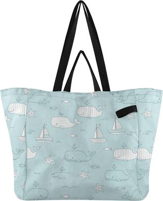 Generic Whales Boats Blue pattern Reusable Canvas Tote Bag, Heavy Duty Grocery Shopping Bag with Double Handles Large Capacity Hard Bottom Work Groceries Trav