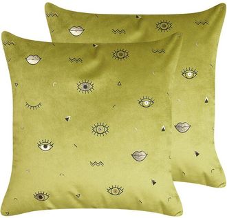 Beliani Conjunto De 2 Cojines De Terciopelo Verde Oliva Negro 45 X 45 Cm Ojo Aeonium