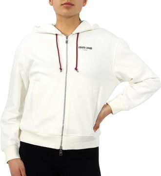 Roberto Cavalli Ladies White Cotton Lucky Symbols Zip Hooded Sweatshirt, Brand Size 38 ( US Size 4 )