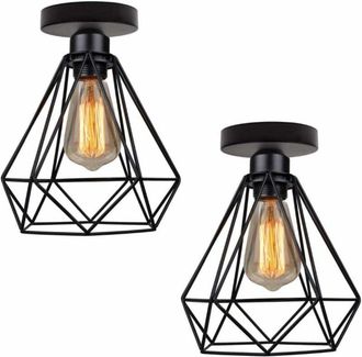 OEM Lampara De Techo Metal Industrial - Pantalla Jaula Diamante Negro Mate - Base E27 Max 40 W - Para Sal&oacute;n Habitaci&oacute;n Caf&eacute; Restaurante - Pack De 2