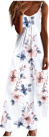 Generic Women Strappy Summer Dress Casual Bohemian Maxi Dresses Vintage Floral Print Flowy Beach Holiday Dresses V Neck Sleeveless Summer Boho Long Sundress L