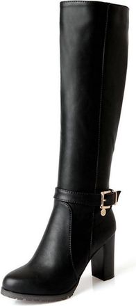 Generic Qynthra Womens Knee High Riding Boots Leather Look Buckle Detail Block Heel Casual Daily Wear Winter Walking Comfort,Black,4.5 UK