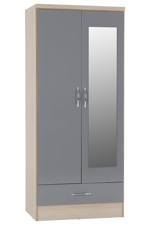 Seconique Nevada Mirrored 2 Door 1 Drawer Wardrobe in Grey