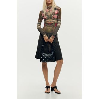 Desigual Floral Print Long Sleeve Minidress in Black at Nordstrom, Size X-Large