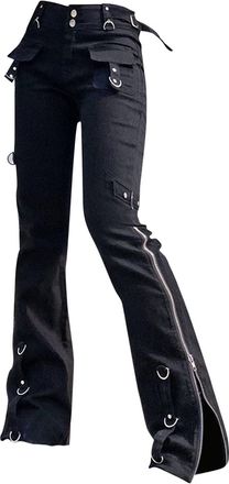 Generic Trousers Gothic Punk Cargo Trousers Harajuku Streetwear Womens High Waist Black Jeans Bootcut Womens Jeans Stretch Flared Trousers with Zip Pants Y2K 