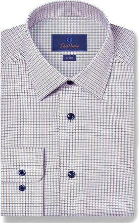 David Donahue Trim Fit Check Textured Cotton Dobby Dress Shirt in Blue/Chocolate at Nordstrom, Size 18.5 - 34
