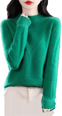 Generic Women Twisted Flower Sweater Wool Knit Casual Pullover Womens Half High Collar Pullover Long Sleeve Warm Sweater EN8 M