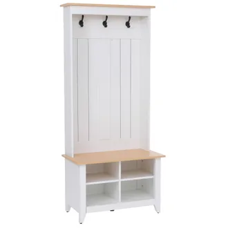 Hhg [nunca Usado] Aparador Hhg-680, Aparador De Pie Con Estante Para Zapatos Y Banco, 3 Ganchos Y 4 Compartimentos, Melamina, 170 X 76 X 39 Cm, Blanco, Na