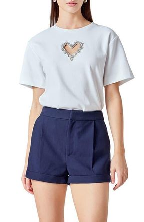 endless rose Rhinestone Trim Heart Cutout Relaxed Fit T-Shirt in White at Nordstrom, Size X-Small